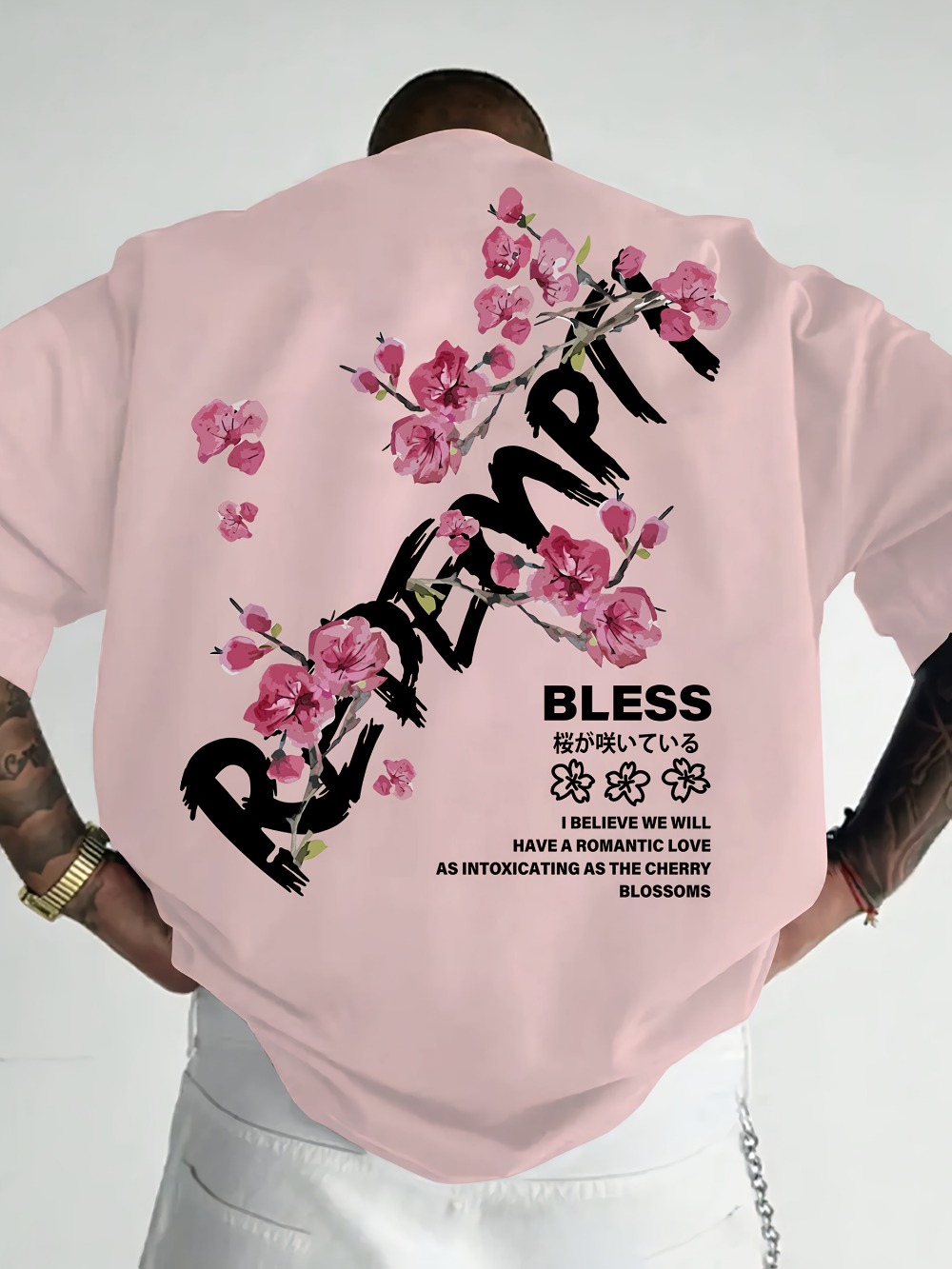 Japanese Summer Clothing Men - 일본어 낙서 글자 벚꽃 요소 3Dprint