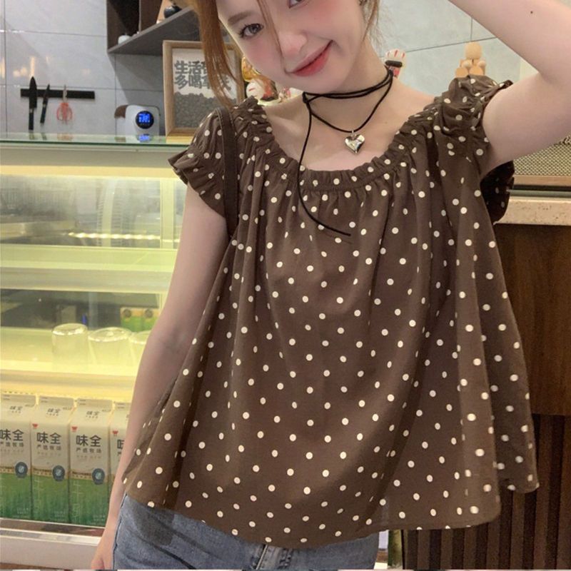 Summer Youth Clothing - 한국 감성 물방울 무늬 루즈 블라우스