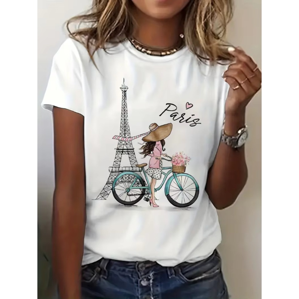 Summer Clothing In Paris - Y2k 파리 소녀 자전거 프린트 반소매