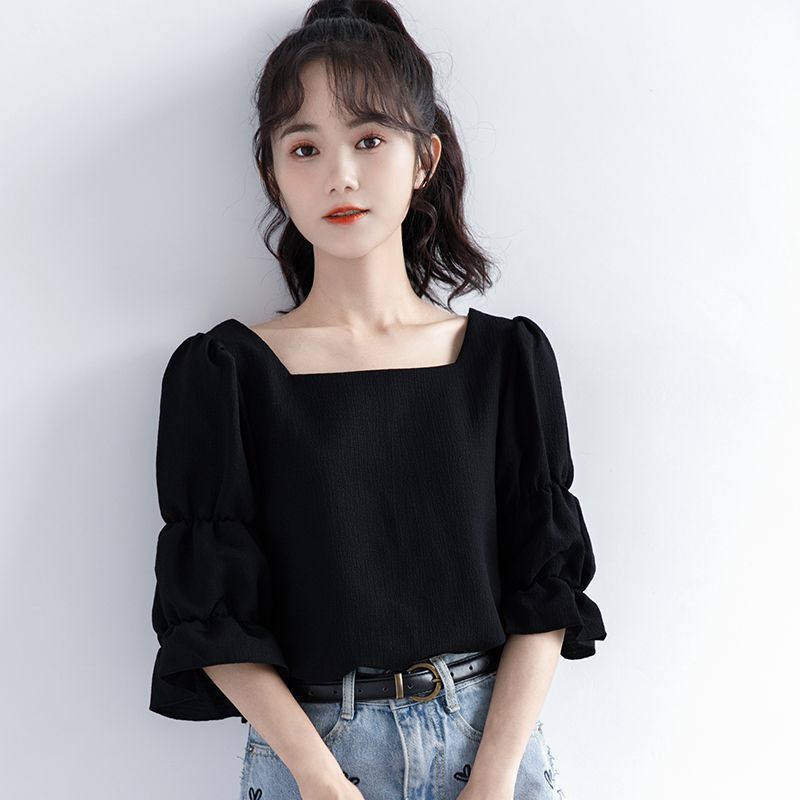Summer Youth Clothing - 플리츠 반팔 솔리드 한국 셔츠 탑