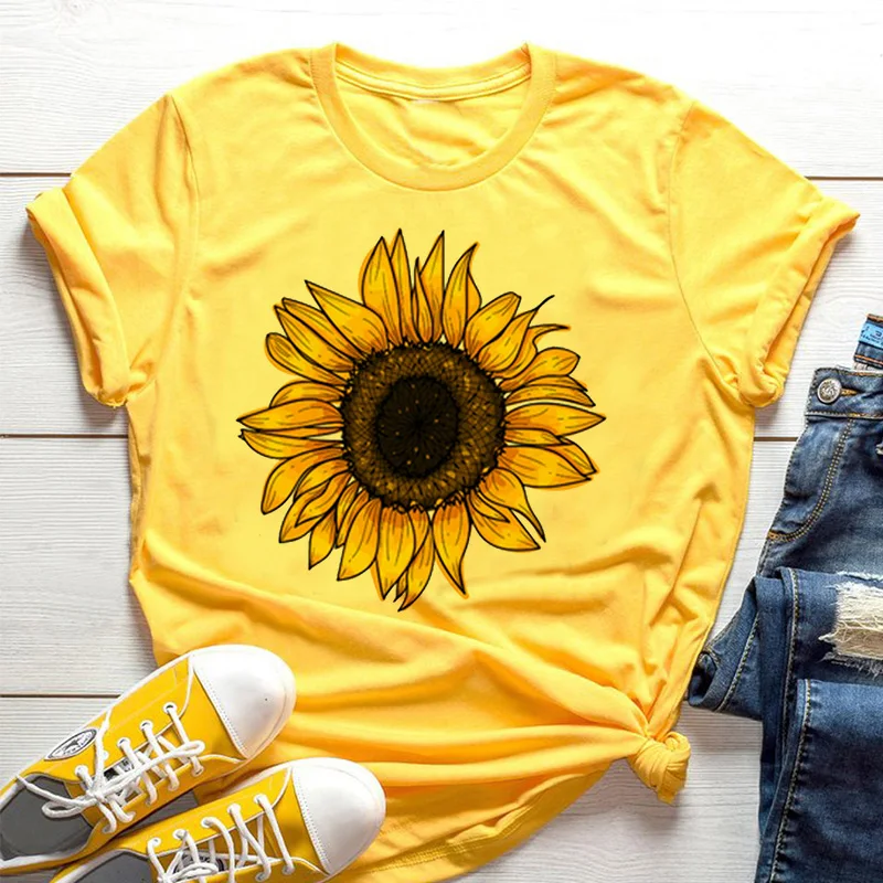 Yellow Summer Clothing - 노란색 여성 티셔츠 해바라기 꿀벌 미적
