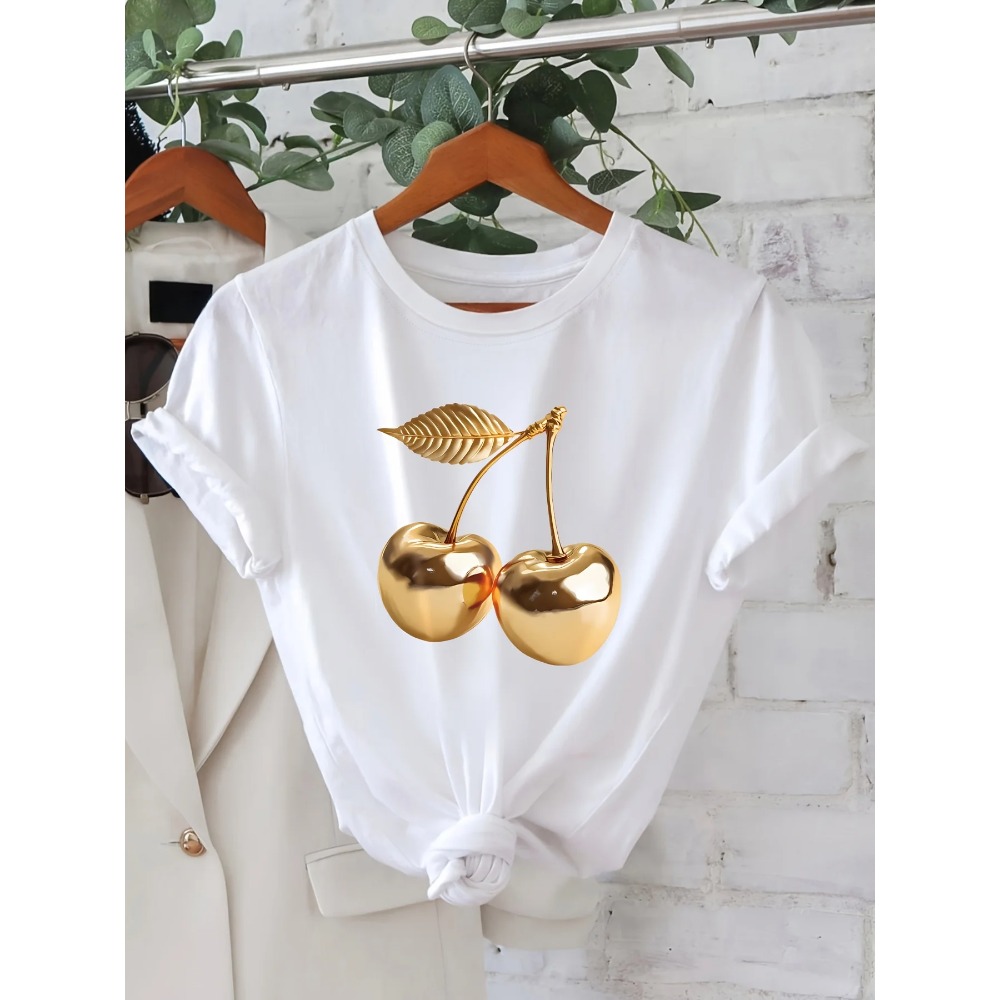 골든 체리 프린트가 있는 여성 캐주얼 여름 티셔츠 하라 - Summer Clothing Aesthetic 리뷰 및 가격