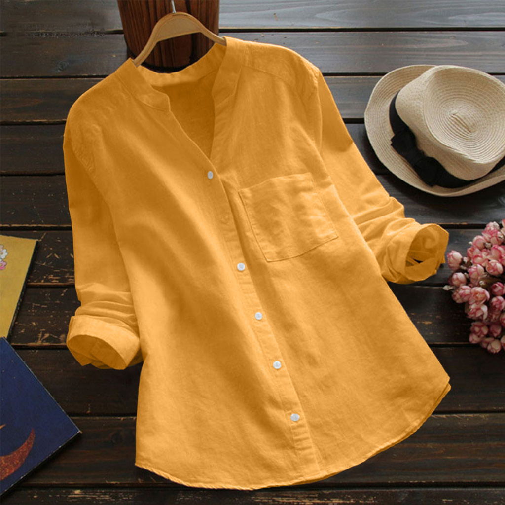 여성용 캐주얼 레트로 코튼 및 린넨 셔츠, 루즈 단색  - Yellow Summer Clothing 리뷰 및 가격