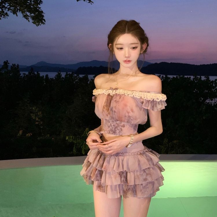 프랑스풍 스윗 코케트 오프숄더 레이스 트림 플로럴 프린 - Summer Clothing Accessories 리뷰 및 가격