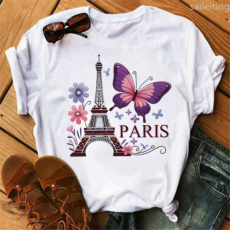 90s 컬러 플라워 나비 파리 디자인 프린트 티셔츠 반 - Summer Clothing In Paris 리뷰 및 가격