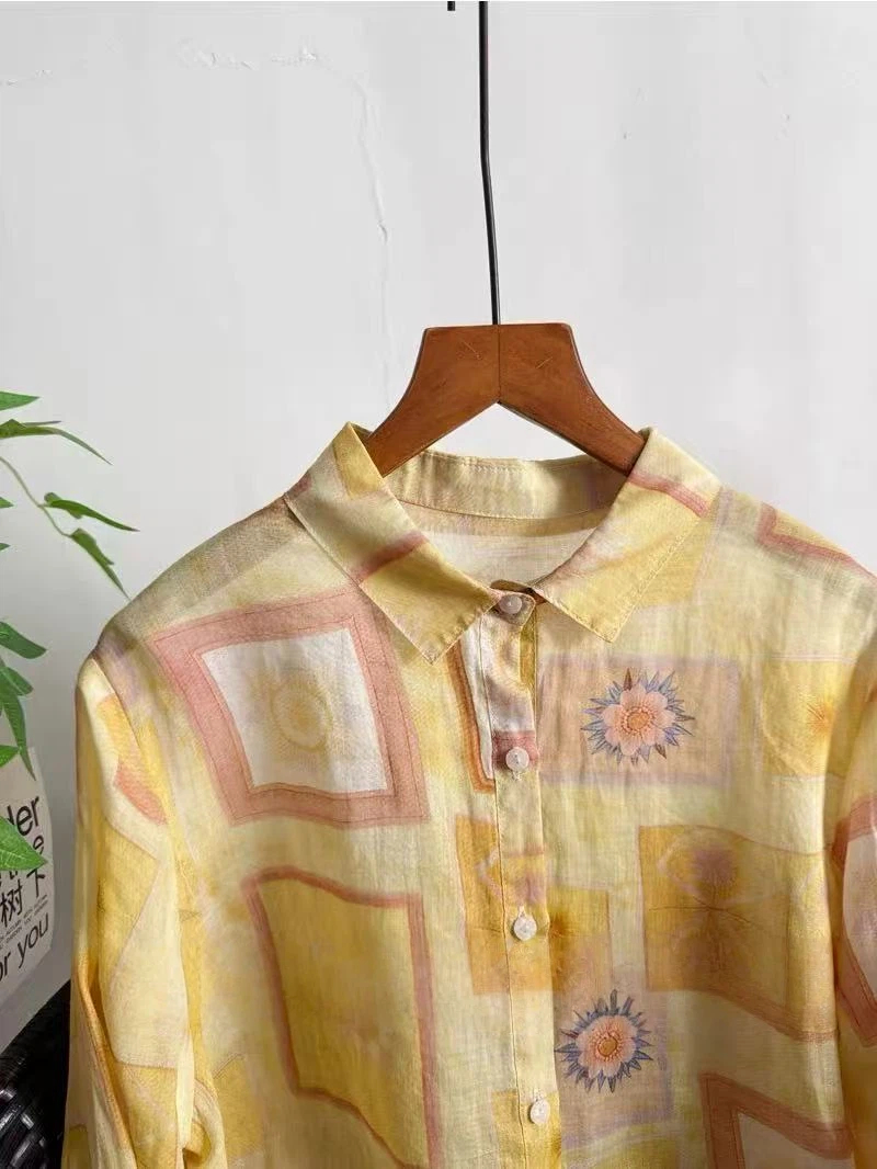 100% 라미 셔츠 봄 가을 오리지널 긴팔 옐로우 아트 - Yellow Summer Clothing 리뷰 및 가격