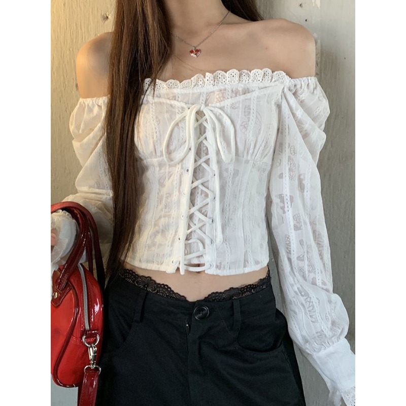 Deeptown 화이트 레이스 업 자른 여성 셔츠 레이 - Summer Clothing Aesthetic 리뷰 및 가격