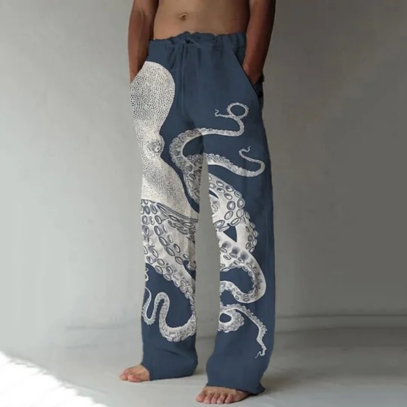일본 예술 문어 그래픽 프린트 캐주얼 바지 빈티지 롱  - Japanese Summer Clothing Men 리뷰 및 가격