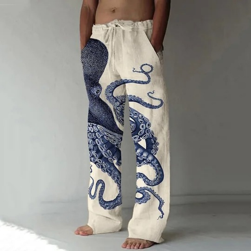 일본 예술 문어 그래픽 프린트 캐주얼 바지 빈티지 롱  - Japanese Summer Clothing Men 리뷰 및 가격